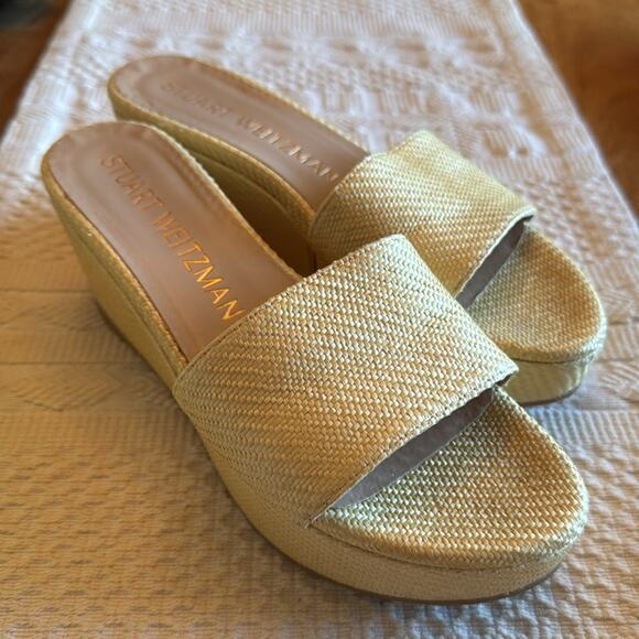 Stuart Weitzman Woven Wedge wheat Sandals 7 - Picture 4 of 9